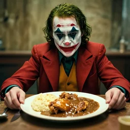 cinematic shot of the joker sitting at a table in front of a plate of chicken and biscuits and gravy, 8 k, very detailed, very intricate,