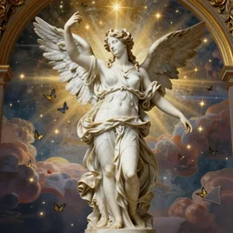saint Woman Venus Athena beautiful gracious baroque marble and gold in space sistina stars clouds winged butterflies
