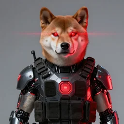wearing tactical armor, scifi cyborg, anthropomorphic shiba inu, portrait, laser eyes, masterpiece, glowing red neon, by zdzisław beksinski, realistic face