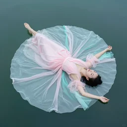 body of a floating fairy in pale pink and turquoise, fluid dress