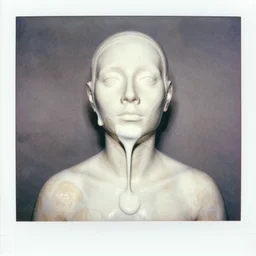 watercolor, a liquid white clay porcelain portrait of a face melt down flow go runny, body painted with white thick fluid by marlene dumas, realistic detailed watercolor polaroid, grainy image, contrast