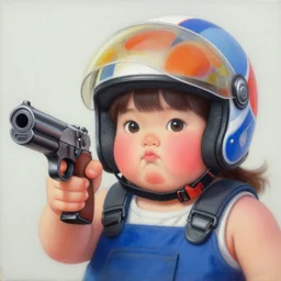 portrait of a cute fat girl with a gun in a racing helmet by shusei nagaoka kaws david rudnick airbrush on canvas pastell colors cell shaded 8 k