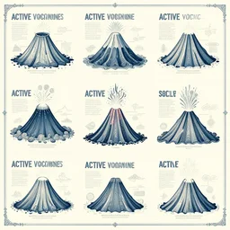 Infographic of active volcanoes, art deco, sci-fi, vector art, blueprint, marginalia