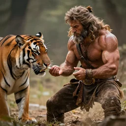 hercules trying to give a pill to a tiger, photorealistic, dynamic light, ultra detailed, cinematic