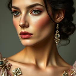 close up of face of female fashion model, luxury valentino dress, by auguste rodin, highly detailed