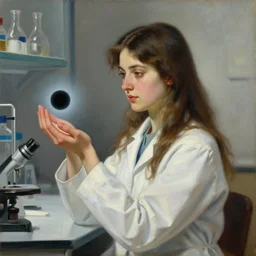 an oil portrait painting of a beautiful young female scientist in a laboratory looking at a small black hole in her hand, by ivan aivazovsky, elegant, sharp focus, morandi color scheme, illustration, high quality, highly detailed, long hair, digital art