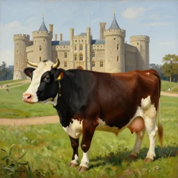 painting by zorn, cow wearing clothes!!! standing next to royal castle!!!