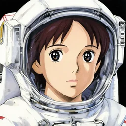 portrait of the face of a female astronaut painted in miyazaki color style drawn by katsuhiro otomo and takato yamamoto, high detail, intricate linework, sharp, smooth face, china doll face, high detail, manga and anime