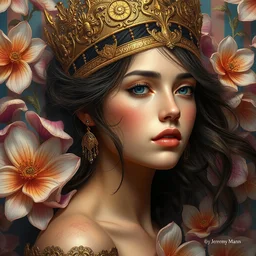 an intricate painting of a beautifull young lady surrounded by flowing flower petals klimt golden motives and textures, hyper detailed, ornamental gold headpiece, octane render, vivid colors, artstation, by jeremy mann, by alphonse mucha, by boris vallejo