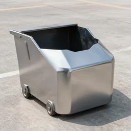 dry dock concrete clamshell grill garbage can on an abandoned shiny  chromeplated dented angular sharp mini vehicle hull,