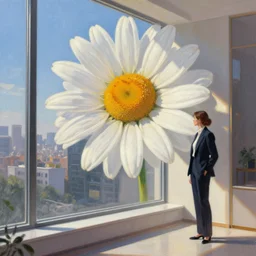 huge daisy flower head, woman with suit, standing next to modern window in luxury apartment, surreal photography, sunlight, impressionist painting, digital painting, artstation, simon stalenhag
