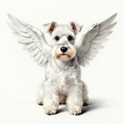 reinacensse sketch, white schnauzer dog with two open wings, front view, leonardo da vinci