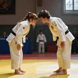 Katniss Everdeen and Harry Potter bowing to each other before a judo match