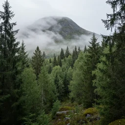 beautiful swedish forest from the view of a mountain, misty, very detailed, fantasy landscape concept art
