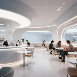 interior of a futuristic cafe, roger broders, hein schulz neudamm, giuseppe riccobaldi, dynamic pose, detailed,, dramatic lighting, risograph, halftone texture, depth, colorful