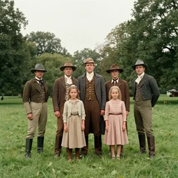 sharp,  detailed, 36864k film, 175000mm film still from a sci fi blockbuster color movie made in 2019, set in 1860, of a family standing in a park, next to some strange alien plants and flowers, on an alien planet, the family are all wearing 1860s era clothes, good lighting, enhanced faces, 70mm f/1.4L lens
