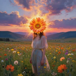 girl with an blooming flower for a face, surreal photography, dream, standing in flower field, magical, in a valley, sunrise dramatic light, impressionist painting, colorful clouds, artstation, simon stalenhag, exploding flower face