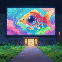 entrance to a building with a path on the lawn, a giant screen, at night, artstation, concept art, vibrant colors, futuristic, fish lens, studio ghibli