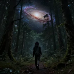 a black man with long curly hair, with his back turned, walking into a deep dark florest, Andromeda Galaxy on the sky, digital art by Jeszika Le Vye, wide panoramic shot, 8k, 4k, realistic, detailed, artstationHD, artstationHQ