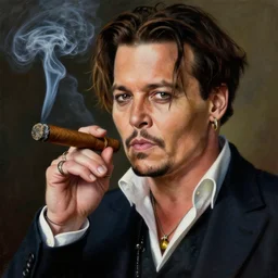 portrait of johnny depp as a mafia boss, smoking a cuban cigar, amazing detail, award winning, realism painting