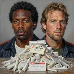 an oil painting portrait of crockett and tubbs in eighties miami vice, pile of cocaine with evidence tag, ultra realistic, highly detailed faces, true to life, masterpiece, cinematic by frank frazetta, greg rutkowski, beeple, yoko taro, christian macnevin, beeple, wlop, krenz cushart, epic character art, volumetric lighting
