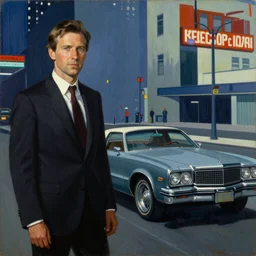 edward hopper painting, norman rockwell painting, kitt knight rider, cinematic, film photography, retro futuristic, blade runner 2 0 4 9