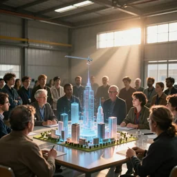 large group people in a warehouse, looking at small hologram of futuristic city on a table, cinematic concept art, godrays, golden hour, natural sunlight, 4 k, clear details, tabletop model buildings, tabletop model, hologram center, crane shot