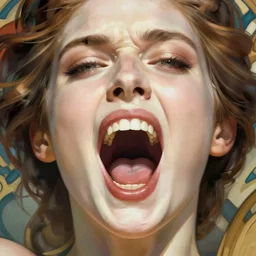 digital character concept art by artgerm and greg rutkowski and alphonse mucha. wide open female mouth, close - up, defiant, light effect, 8 k, hyper detailed, intricate, elegant, digital painting, artstation, smooth, sharp focus