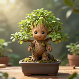 magical cute alive bonsai chubby ( ( ( groot ) ) ) in a pot, on the table, herbology, hd photography, coherent, intricate, radiant light