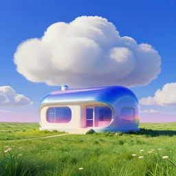 a house in a surreal meadow with big puffy clouds in a blue sky. slick, retrofuturistic design. deep colorful soft gradients, and translucence. pre - 2 0 0 0 s era. vintage computer art, early computer graphics. by stanislaw fernandes and eyvind earle
