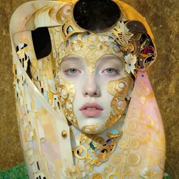 a beautiful girl's face made of ivory and gold filigree, film still by edward hopper, by Bosch, by klimt, art noveau, highly detailed, strong lights, liminal, eerie, Bright pastel colors, octane render, 8k,