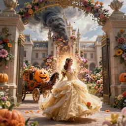 fairytale princess played by Catherine zeta jones with lovely detailed face entering the gates of her majestic palace of flowers which explodes due to a tornado send by Zeus, with horse driven , carriage made of pumpkins , epic scene unreal render depth of focus blur hyperrealistic detail Star Wars mucha Alice Tim burton fantasy art behance