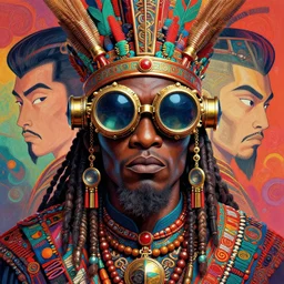 colourful vfx upper half - portrait - art of a african tribal chief wearing steam punk goggles, art by utagawa kunisada & james jean, symmetrical, intricate detail, concept art, volumetric light, ray tracing, caricature, digital illustration, digital painting, octane 3 d render, unreal engine, sharp, pinterest, behance, art station,