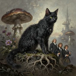a beautiful digital landscape painting of a detailed gothic fantasy cat and roots, dark mushroom, flowers by benoit b. mandelbrot, steven belledin, martin johnson heade, lee madgwick, caspar david friedrich, and david rios ferreira. 8 k resolution trending on artstation concept art digital illustration