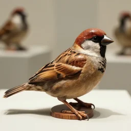 realistic photo of the sparrows made of wood, polished and fancy. museum collection 1 9 9 0, life magazine reportage photo