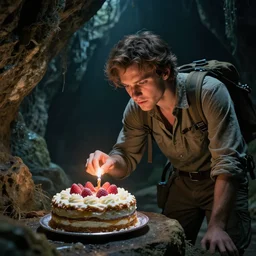 an adventurer discovering a cake in a dark mysterious cave, photo realistic highly-detailed 4K