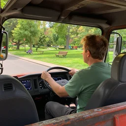 a view from a dump truck driver seat at a park cartoon, hyper realistic, extremely detailed, raytracing, art by artgerm, greg rutkowski and alphonse mucha, artstation, octane render