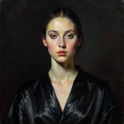 hyperrealism mixed with classicism, oil painting, close - up portrait of fashion model, abstract and surrealism painting instead of head, fully clothes in black reflect robe, complete darkness, in style of classicism mixed with 8 0 s sci - fi hyperrealism