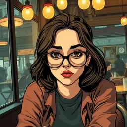 a nerdy young woman with big glasses in a cafe, portrait, wide shot, moody light, dark colors, illustration, pop art, graphic novel, art by geof darrow, ashley wood, alphonse mucha