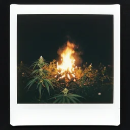field of cannabis on fire at night, polaroid