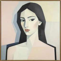 A abstract painting in the style of Hildegarde Handsaeme and Gary Hume and Tatsuro Kiuchi, flat colour-block style, geometric abstraction, portrait of beautiful woman, clean black outlines, modern pastel colours