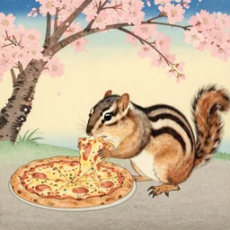japanese edo period woodblock print of a chipmunk eating pizza with pink blossoming cherry trees in the background