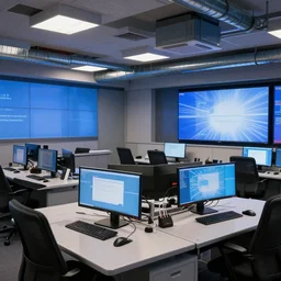 photorealistic network television newsroom, desks with computer monitors, ceiling ducts