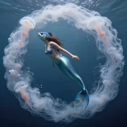 surrealistic mermaid, half fish half woman , woman with fish head, diving in the air rounded by jelly clouds made by Stanley Artgerm Lau, WLOP, Rossdraws, ArtStation, CGSociety, concept art, cgsociety, octane render, trending on artstation, artstationHD, artstationHQ, unreal engine, 4k, 8k,