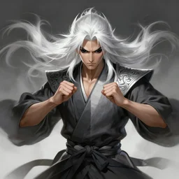 a highly detailed illustration of fierce white haired parted through the middle asian man, wearing hakama, with black sclera eyes, heroically fighting stance posin,g intricate, elegant, highly detailed, centered, digital painting, artstation, concept art, smooth, sharp focus, league of legends concept art, WLOP
