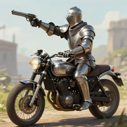 a medieval knight in full plate metal armor riding a motorcycle holding a pistol, digital art, highly detailed, high quality, high resolution