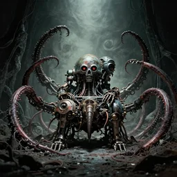 r 2 d 2 in the style of an eldritch horror with mechanical tentacles, film still from the movie directed by denis villeneuve with art direction by salvador dali, wide lens