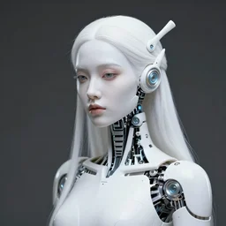 beautiful Fine art photo portrait of enraptured Sarah Mcdaniel as a solarpunk robotic goddess, white mechanical parts with led lights, photorealistic, white background, highly detailed and intricate, studio lighting, HDR 8k