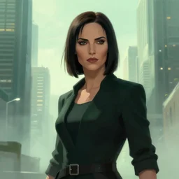 battle hardened, overpowering, pragmatic, charismatic female character from the matrix, face centered portrait, confident, modern cityscape, outdoors, architecture, fog, sunny, volumetric lighting, illustration, perfectly shaded, greenish tinge, cold lights soft painting, art by krenz cushart and wenjun lin