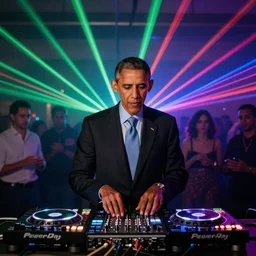 Barack Obama as a DJ in a party full of colorful lasers